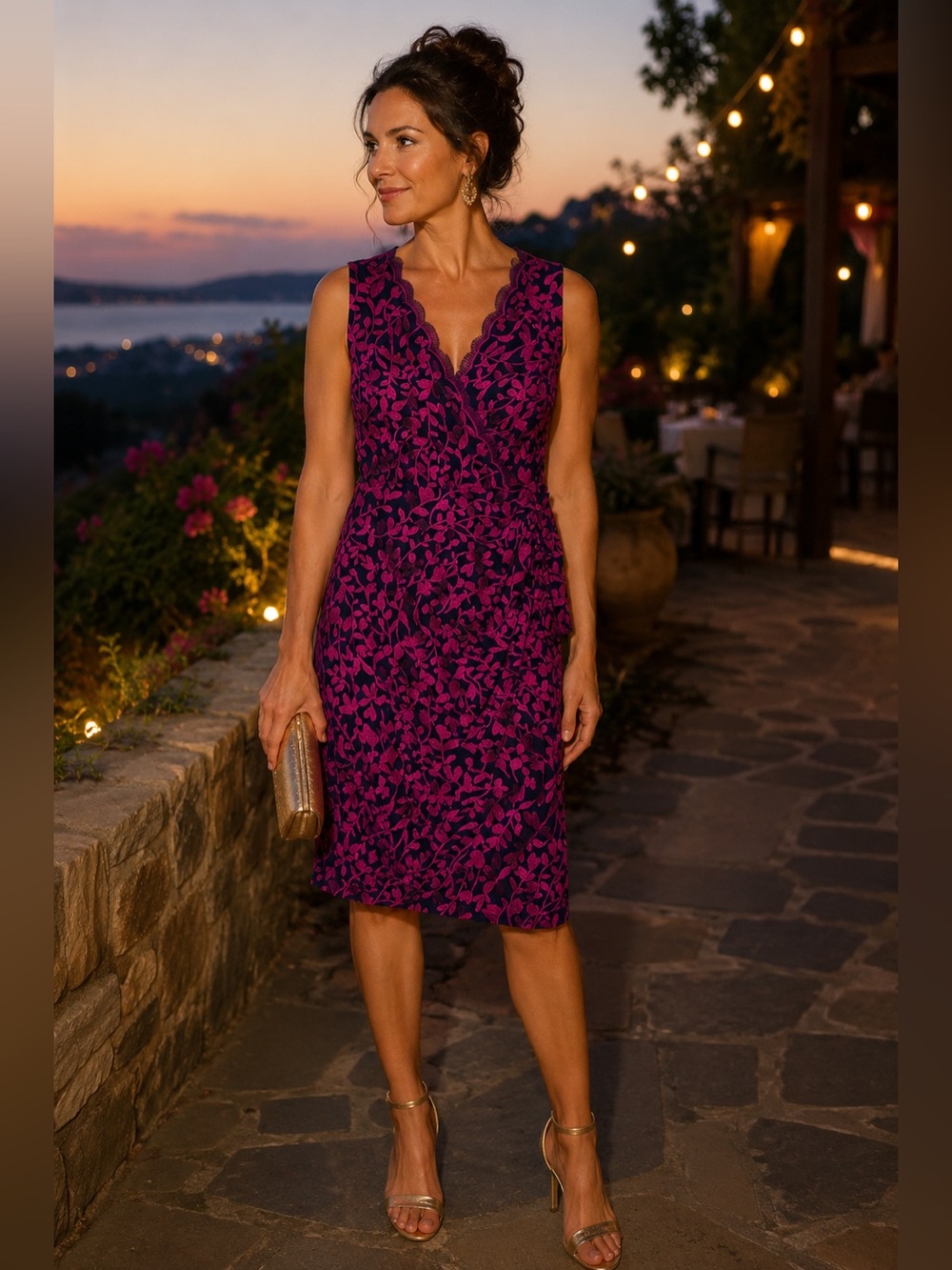 Beautiful JS Collection Sleeveless Floral-Pattern Midi Dress in Magenta and Navy
